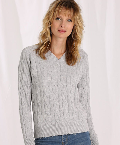 Shop Minnie Rose Cotton Cable Long Sleeve V-neck With Frayed Edges In Grey