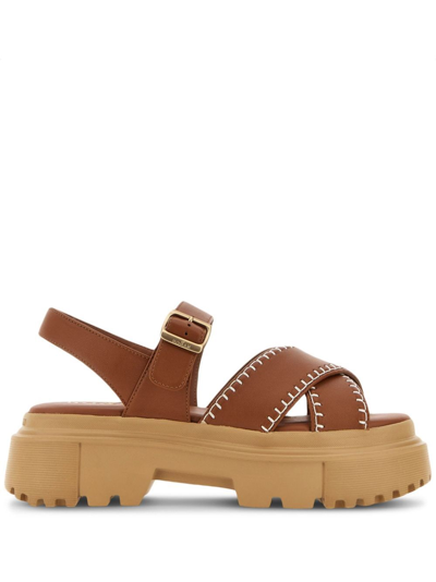 Shop Hogan Leather Low Sandals In Brown