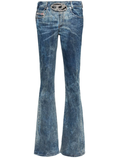 Diesel Crystal Logo Washed Flared Jeans In Blue