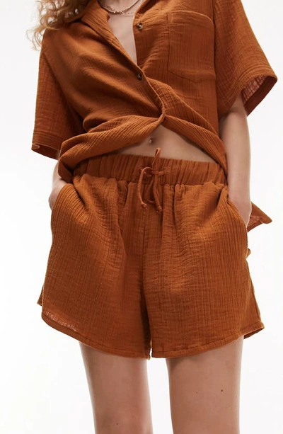 Shop Topshop Cotton Gauze Drawstring Shorts In Rust