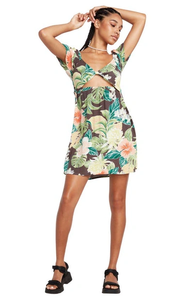 Shop Volcom Excapism Floral Cutout Dress In Slate Grey Multi