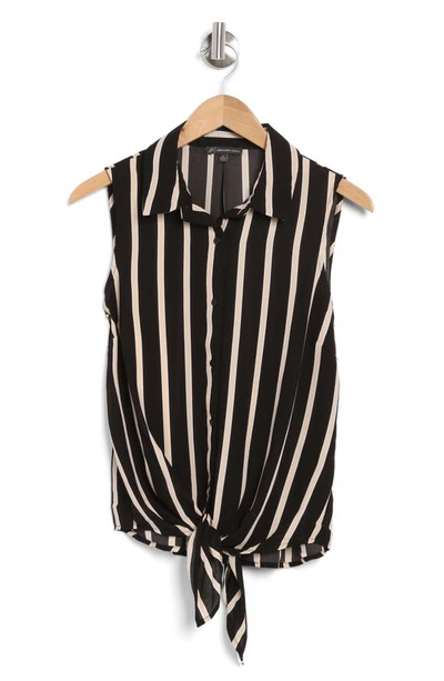 Shop Adrianna Papell Sleeveless Tie Button-up Blouse In Black Taupe Natasha Stripe