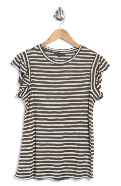 Shop Adrianna Papell Ruffle Sleeve Slub Knit T-shirt In Dk Green/ White