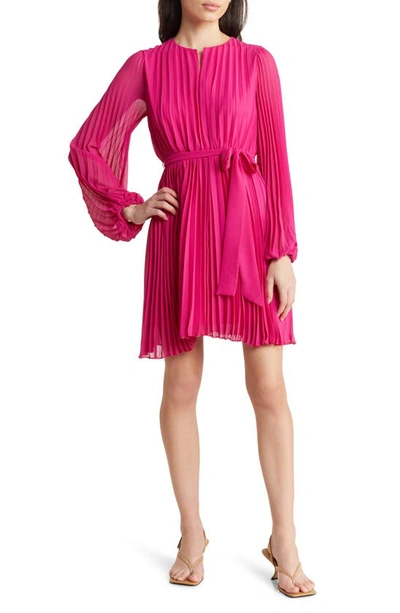 Shop Sam Edelman Long Sleeve Pleated Georgette Dress In Dark Pink