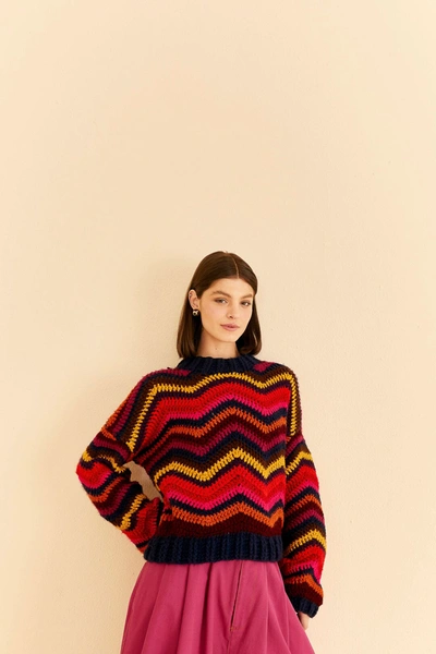Shop Farm Rio Colorful Waves Crochet High Neck Sweater In Colorful Waves Multicolor