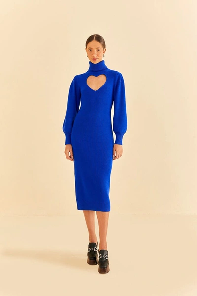 Farm Rio Heart Cutout Long Sleeve Sweater Dress In Blue