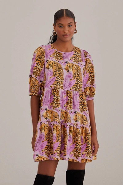 Shop Farm Rio Lavender Tiger Leaves Puff Sleeve Mini Dress In Tiger Leaves Lavander