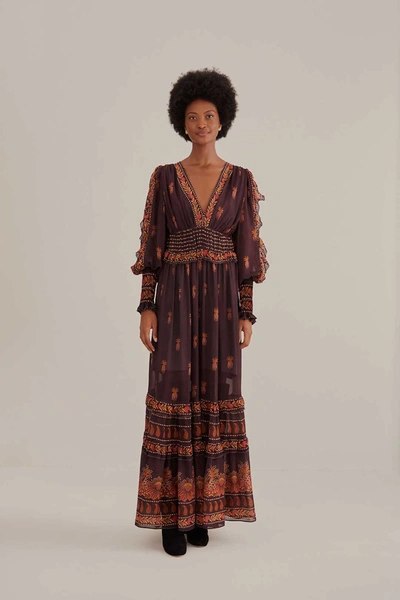 Shop Farm Rio Brown Paisley Bloom Long Sleeve Maxi Dress In Pasley Bloom Brown