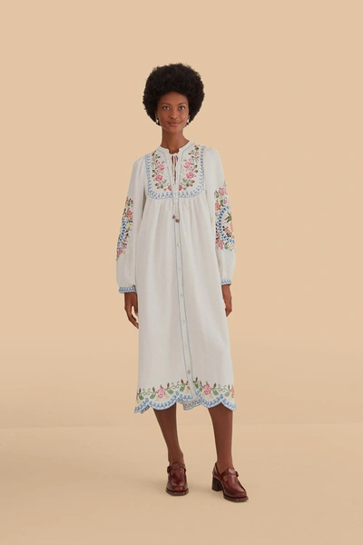 Shop Farm Rio Off-white Embroidered Midi Dress