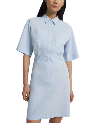 Shop Theory Casual Belted Linen-blend Shirtdress In Blue