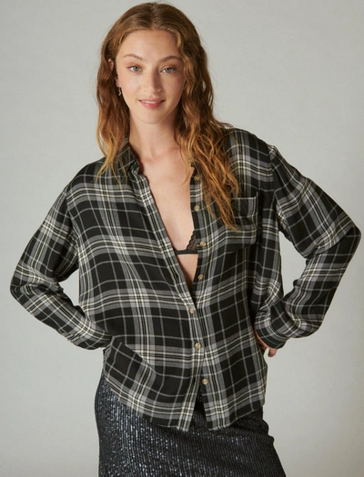 Shop Lucky Brand Women's Cloud Plaid Boyfriend Flannel Shirt In Black