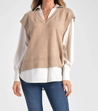 Shop Elan Andrea Sweater Vest/shirt Combo In Taupe/white In Multi