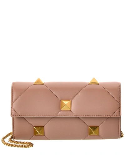 Shop Valentino Roman Stud Leather Wallet On Chain In Pink