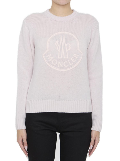 Shop Moncler Logo Embroidered Knit Sweater In Pink