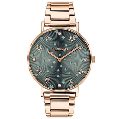 Shop Coach Perry Quartz Crystal Grey Dial Ladies Watch 14503524 In Gold Tone / Grey / Rose / Rose Gold Tone