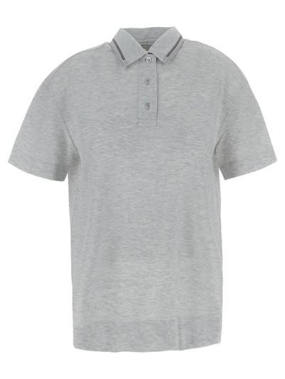 Shop Brunello Cucinelli Embellished Short Sleeved Polo Shirt In Grey