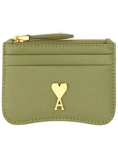 Shop Ami Alexandre Mattiussi Ami Paris Zippered Card Case "ami De Coeur" Unisex In Green