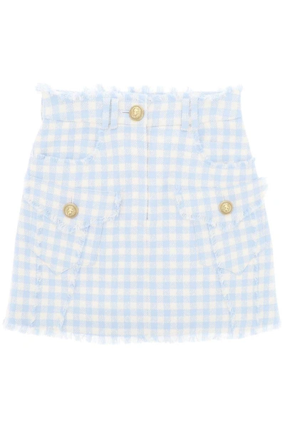 Shop Balmain Mini Skirt In Tweed With Gingham Pattern In Multicolor