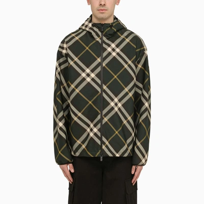 Shop Burberry Check Pattern Hooded Jacket In Green