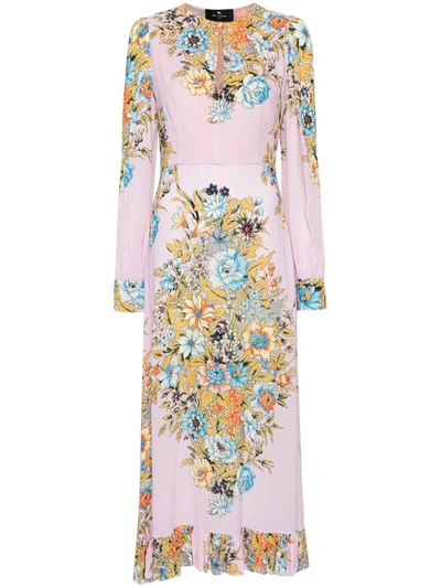 Shop Etro Long Floral Dress In Pink & Purple