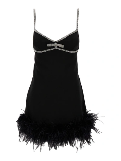 Shop Self-portrait Mini Black Dress With Bow Detail And Feathers Trim In Tech Fabric Woman