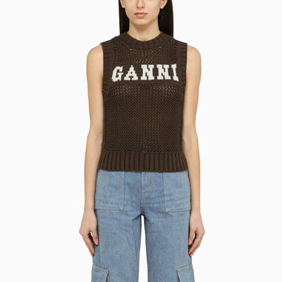Shop Ganni Knitted Waistcoat In Brown