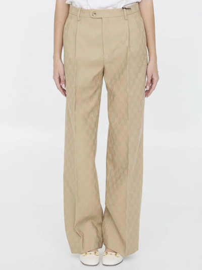 Shop Gucci Gg Jacquard Wool Trousers In Beige