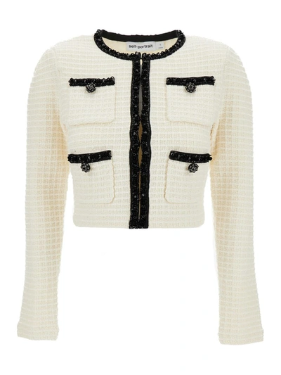 Shop Self-portrait White Crop Cardigan With Beads In Tweed Woman