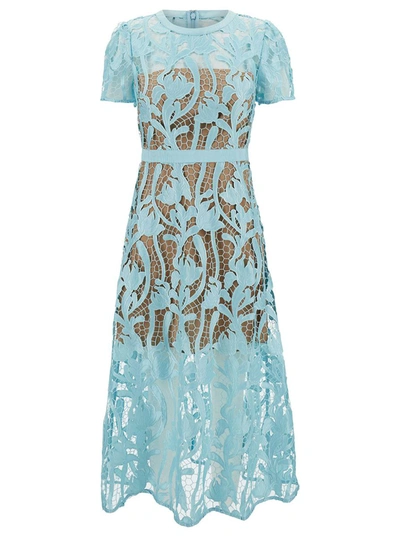 Shop Self-portrait Midi Light Blue Dress With Short Sleeves In Floreal Lace Woman