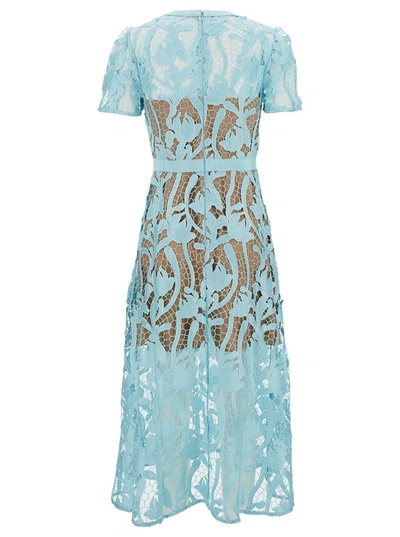 Shop Self-portrait Midi Light Blue Dress With Short Sleeves In Floreal Lace Woman