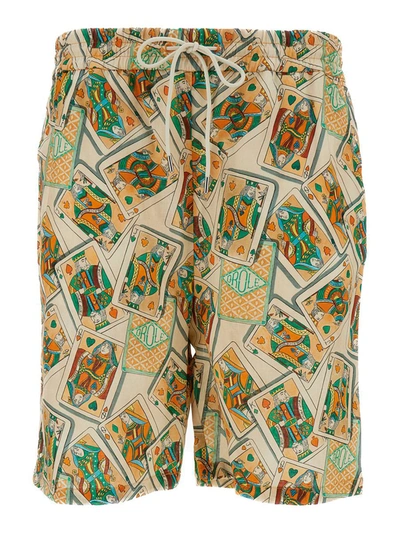 Shop Drôle De Monsieur Multicolor Shorts With Jeu De Cartes Print In Linen And Cotton Man