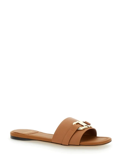 Shop Ferragamo 'leah' Brown Slide Sandals In Leather Woman