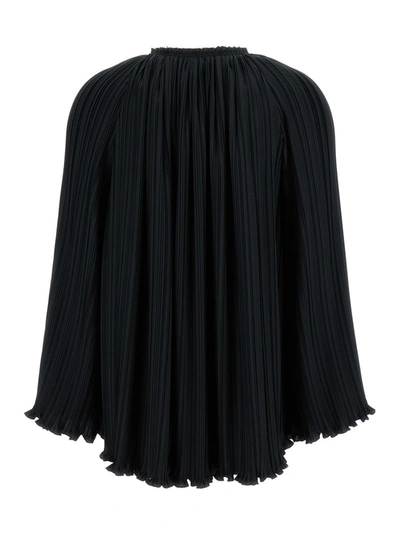 Shop Lanvin Long Sleeve Pleated Blouse Open Neck In Black