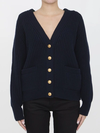 Shop Gucci Ribbed Cardigan In Blue