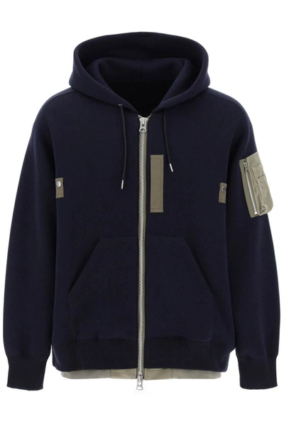 Shop Sacai Full Zip Hoodie With Contrast Trims In Blue
