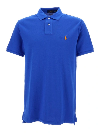 Shop Polo Ralph Lauren Blue Polo Shirt With Logo Embroidery In Cotton Piquet Man