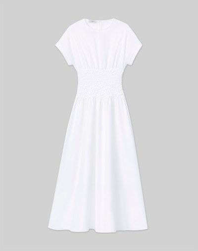 Shop Lafayette 148 Organic Cotton Poplin Smocked Waist Dress In White