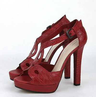 Pre-owned Bottega Veneta $1900  Crocodile Heel Platform Sandal Red 307946 6409