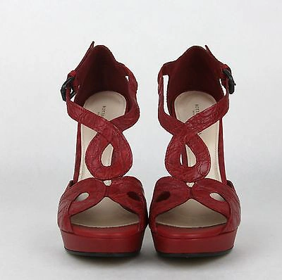 Pre-owned Bottega Veneta $1900  Crocodile Heel Platform Sandal Red 307946 6409