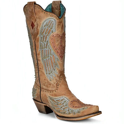Pre-owned Corral Women's A4235 Sand Heart & Wings Overlay Snip Toe & 2" Heel Boots, Sizes In Brown