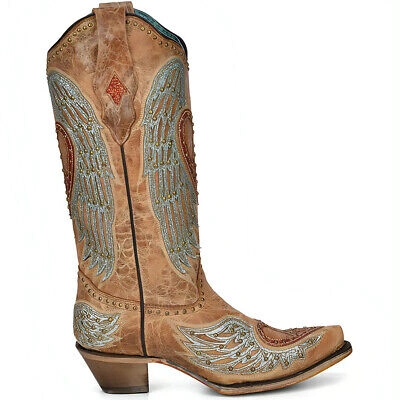 Pre-owned Corral Women's A4235 Sand Heart & Wings Overlay Snip Toe & 2" Heel Boots, Sizes In Brown
