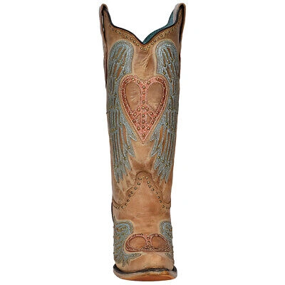 Pre-owned Corral Women's A4235 Sand Heart & Wings Overlay Snip Toe & 2" Heel Boots, Sizes In Brown