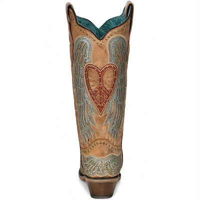 Pre-owned Corral Women's A4235 Sand Heart & Wings Overlay Snip Toe & 2" Heel Boots, Sizes In Brown
