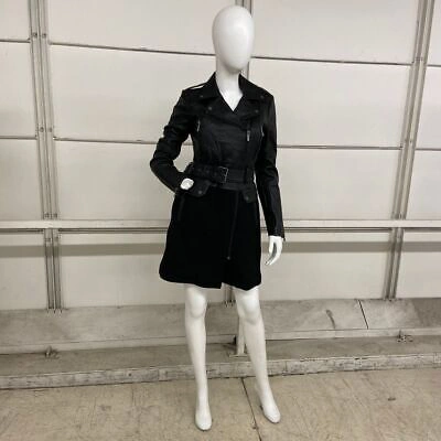 Pre-owned Bcbgmaxazria Jasmine Long Belted Leather Coat Women's Size S Black