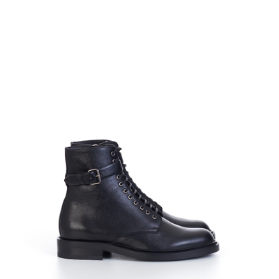 Pre-owned Saint Laurent 1290$ Army Boots With Strap In Black Smooth Leather