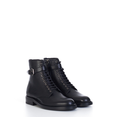 Pre-owned Saint Laurent 1290$ Army Boots With Strap In Black Smooth Leather