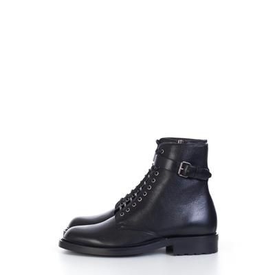 Pre-owned Saint Laurent 1290$ Army Boots With Strap In Black Smooth Leather