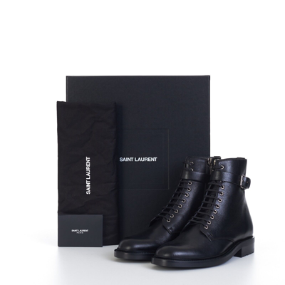 Pre-owned Saint Laurent 1290$ Army Boots With Strap In Black Smooth Leather