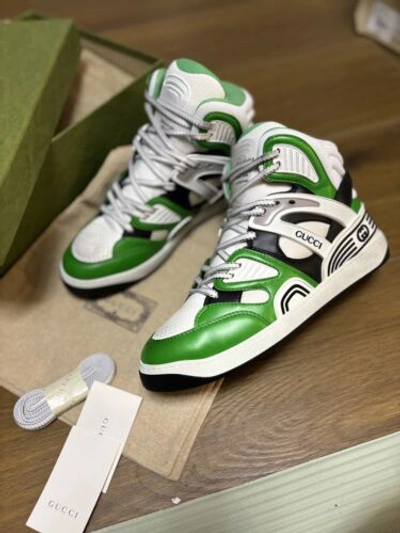 Pre-owned Gucci Basket High Top Basketball Sneakers -white Green Black -men's Us 8/uk 7.5