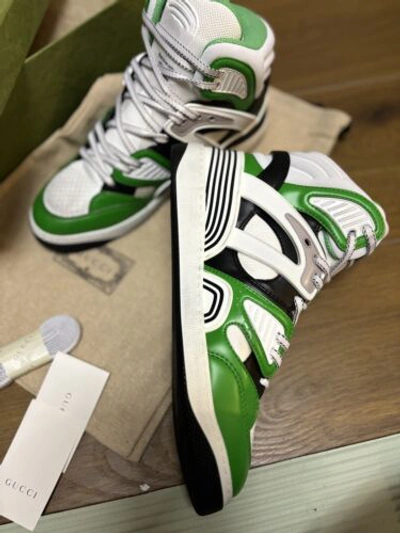 Pre-owned Gucci Basket High Top Basketball Sneakers -white Green Black -men's Us 8/uk 7.5